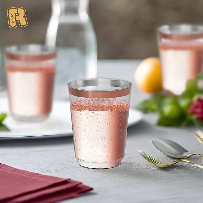 R-kay Rose Gold Plastic Cups, Heavy Duty 10 OZ Disposable cups, Plastic cocktail Glasses (Rose Gold)