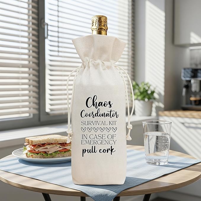Funny Chaos Coordinator Survival Kit Wine Bag, Linen Drawstring Wine Bottle Gift Bag, Reusable Wine Pouch for Mom Teacher Boss Office Staff, 13 x 5.7 Inch - A12