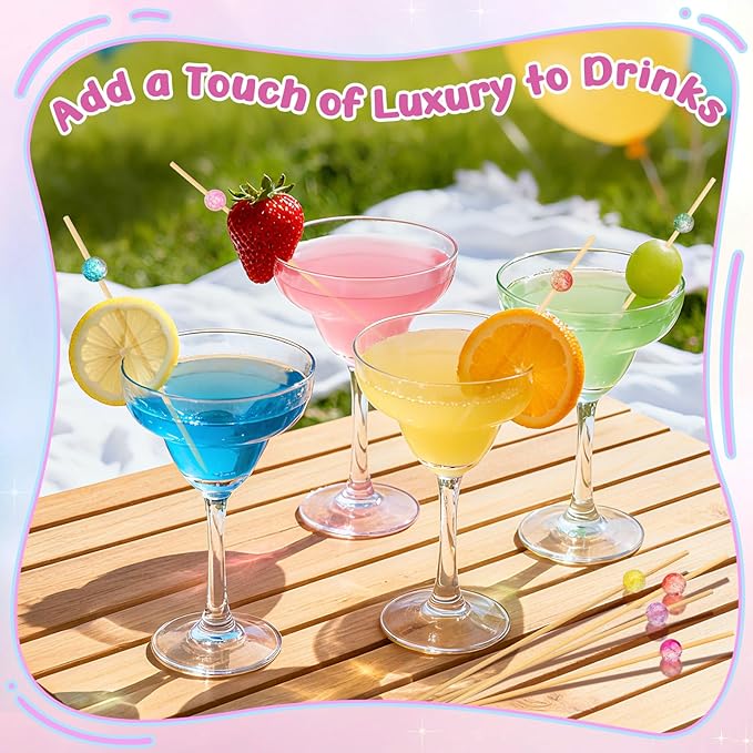 200PCS Cocktail Picks, Colored Pearl Fancy Toothpicks for Appetizers, 4.7 IN Long Decorative Bamboo Skewers, Wooden Garnish Sticks for Food Drinks Fruit Charcuterie Boards Accessories Party Supplies