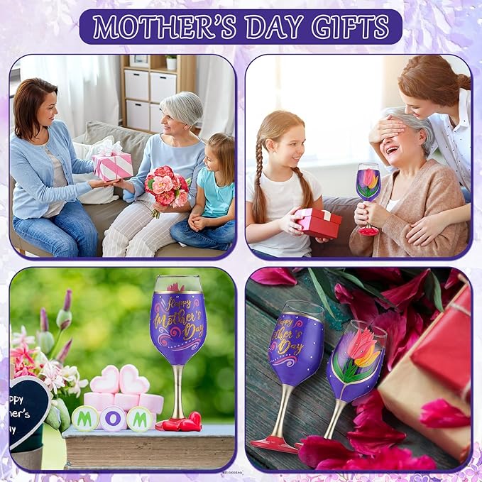 SiliFine 4 Pcs Mother's Day Stemmed Wine Glasses Hand Painted Tulip Flower Drinking Cup Wine Glasses Gifts for Birthday Theme Holiday Party Supplies