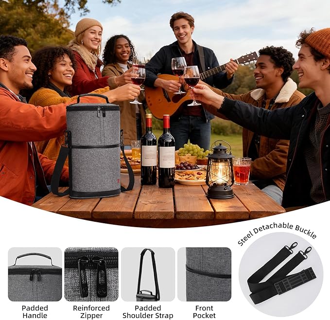 ALLCAMP 2 Bottle Wine Tote Carrier - Insulated Portable Padded Canvas Wine Bag for Travel, BYOB Restaurant, Wine Tasting, Party, Great Christmas Day Gift for Wine Lover，Gray