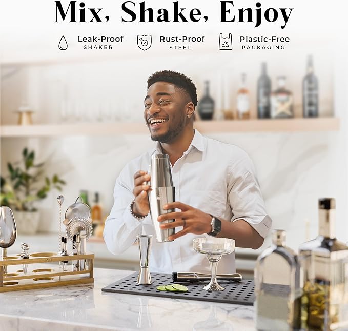 BARE BARREL® Mixology Bartender Kit Bar Set | 16-Piece Cocktail Shaker Set | Martini Barware Mixing Tools for Home Bartending | Incl. 35 Recipe Cards | Gift Set (28oz Boston Shaker, Silver/Natural)