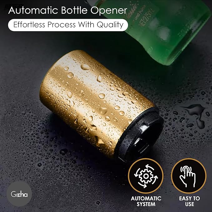 GOCHA | Magnetic Beer Bottle Opener with Automatic Cap Catcher – Stainless Steel Push-Down Gadget, One-Hand Bar Tool for Beer & Soda Bottles (Gold)