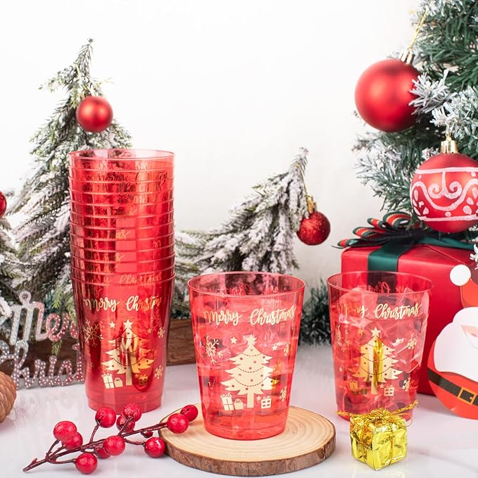 DaYammi 60 Pack Gold Christmas Plastic Cups Disposable, 10 Oz Clear Red Plastic Cups and Green Cups,30 Red Gold Tree Tumblers, 30 Hard Green Cup Bulk for Christmas Party