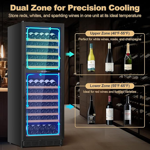 24 Inch Dual Zone Wine Cooler Refrigerator, Large Capacity Freestanding/Built-in Upgraded Professional Wine Fridge with Powerful Compressor, Advanced Cooling System, Quiet Operation, Black
