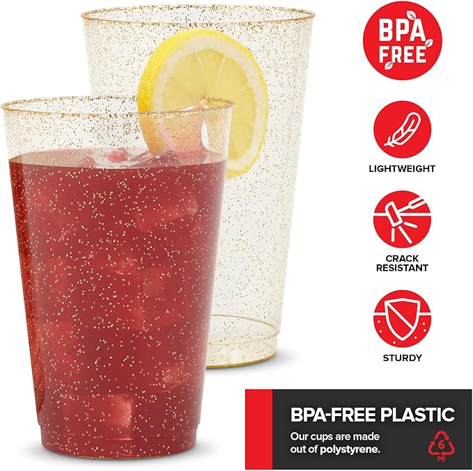 14oz Gold Glitter Plastic Cups (100 Pack), Elegant Party Cups for Birthday Parties, Weddings, and Holidays, Fancy Disposable Cocktail Glasses, Clear and Gold Cups, Bulk Wine and Mimosa Cups