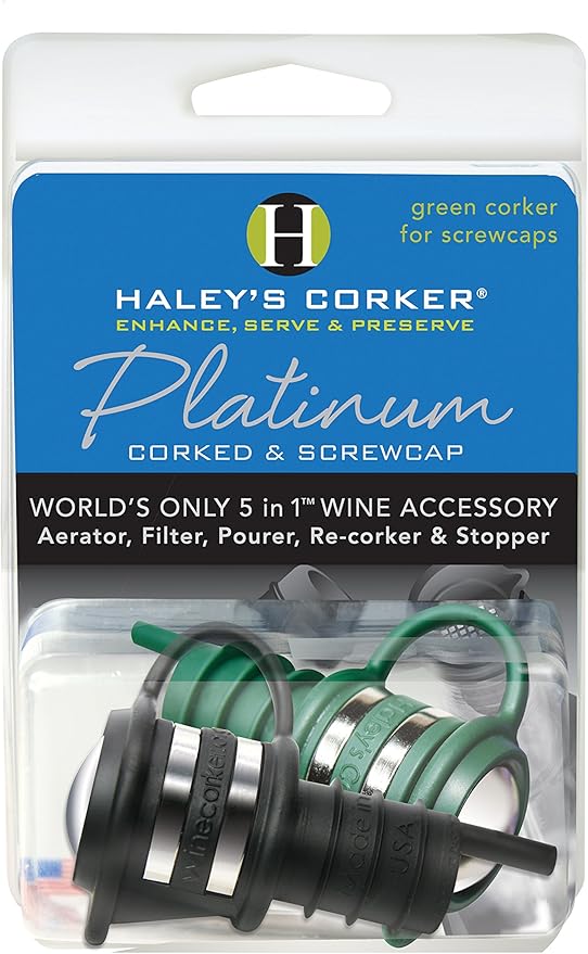 Haley's Corker HALEYP2 5 in 1 Wine Tool Platinum Combo 1 Black Corker Plus 1 Geen Screwcap Clamshell