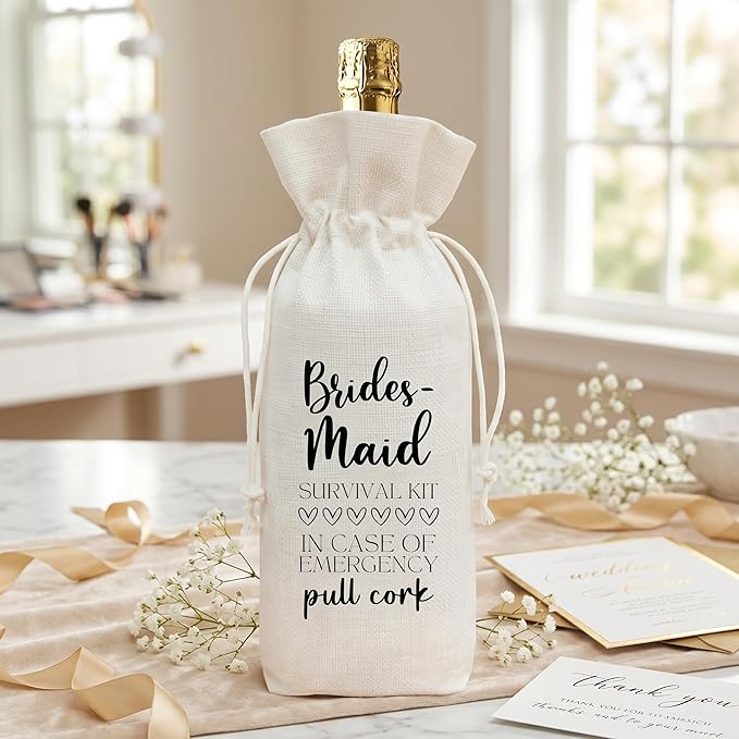 Wine Bridesmaid Proposal Gift Wine Bag, Funny Survival Kit Linen Drawstring Wine Bottle Cover, Reusable Wine Pouch for Bridal Shower Bachelorette Party Wedding Bridesmaid Gift - A05