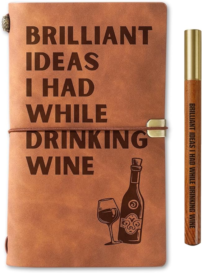 InnoBeta Wine gifts Leather Journal Notebook with Pen, for Wine Lovers, Men, Women on Birthday, Refillable Sketchbook, Travel Diary, Lined Planner, 7x5 Inches, Brown