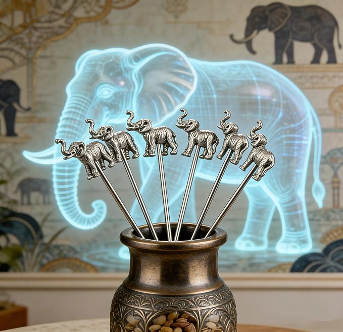 Homestia Stainless Steel Cocktail Picks, 4.7 Inch Elephant Animal Cocktail Toothpicks, Reusable Garnish Skewers for Drinks, Set of 6 Martini Olive Picks