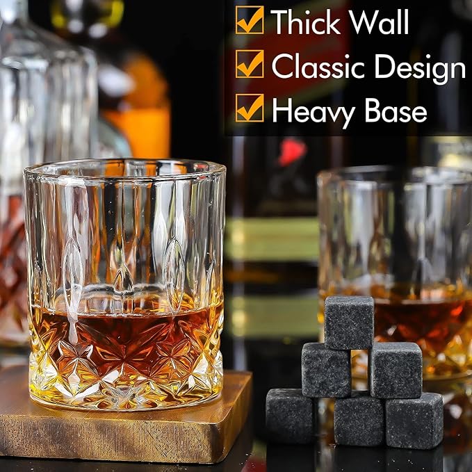 Whiskey Decanter Set for Men, 2pcs Whiskey Glass Cups and 1pcs Glass Decanter with Cooling Stones Clear Whisky Liquor Bottle for Whiskey Bourbon Rum Men Fathers'Gift