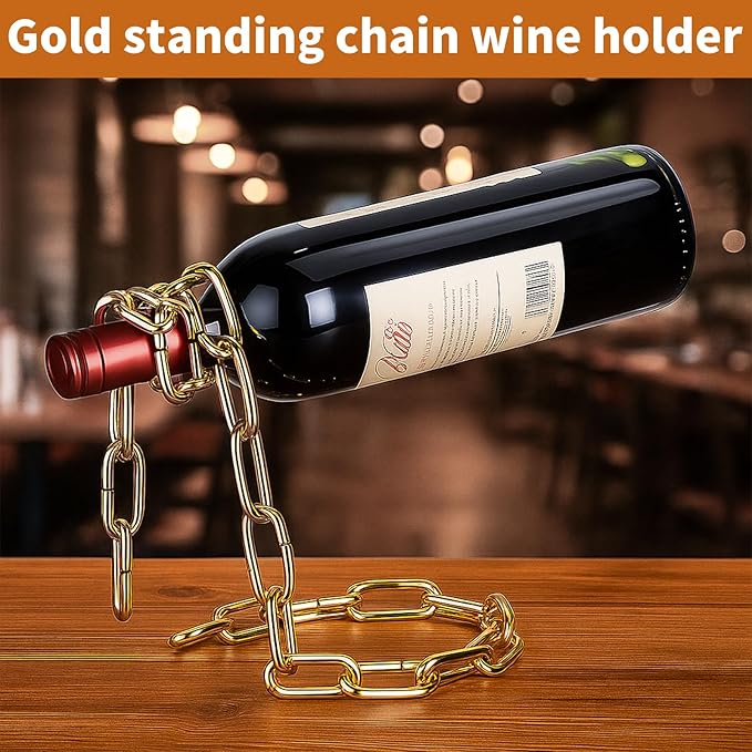 TBWHL Novelty Magic Wine Bottle Holder Floating Steel Link Chain Wine Bottle Rack/Holder - Holds Bottles in The Air, Unique Levitating Wine Bottle Stand for Home Bar, Kitchen, or Party Deco（Gold）