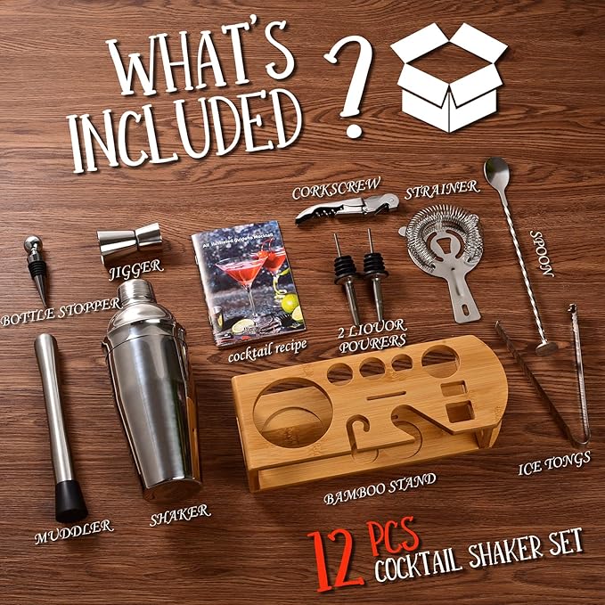 Cocktail Shaker Set Bartender Kit : 12-Piece Bar Tool Set with Bamboo Stand | Bars Set with All Practical Bar Accessories, for Drink Mixing, Bar, Home, Lounge & Party (Silver)