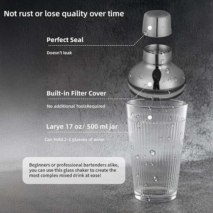 Glass Cocktail Shaker, Martini Shaker with Strainer for Bars, Whiskey, Cocktails 17oz (Silver)