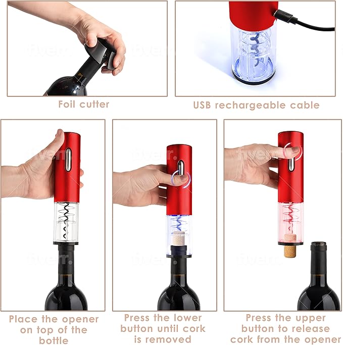 Moss & Stone Electric Wine Opener Set, Corkscrew Remover With USB Charging, Wine Bottle Opener with Wine Pourer, Foil Cutter & Vacuum Stopper, Automatic Wine Opener For Wine Lovers (Red)