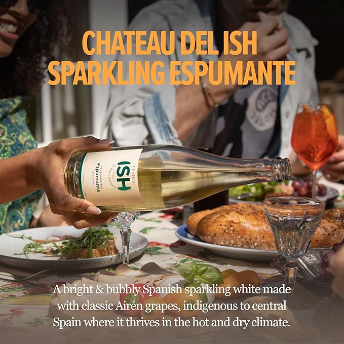 Chateau del ISH Sparkling Non Alcoholic Espumante, Non-Alcoholic White Wine and Champagne, Gluten Free, Low Calorie, Zero Proof, Spanish with Dealcoholized Airén Grapes, Sweet & Crisp, 750 ml Bottle
