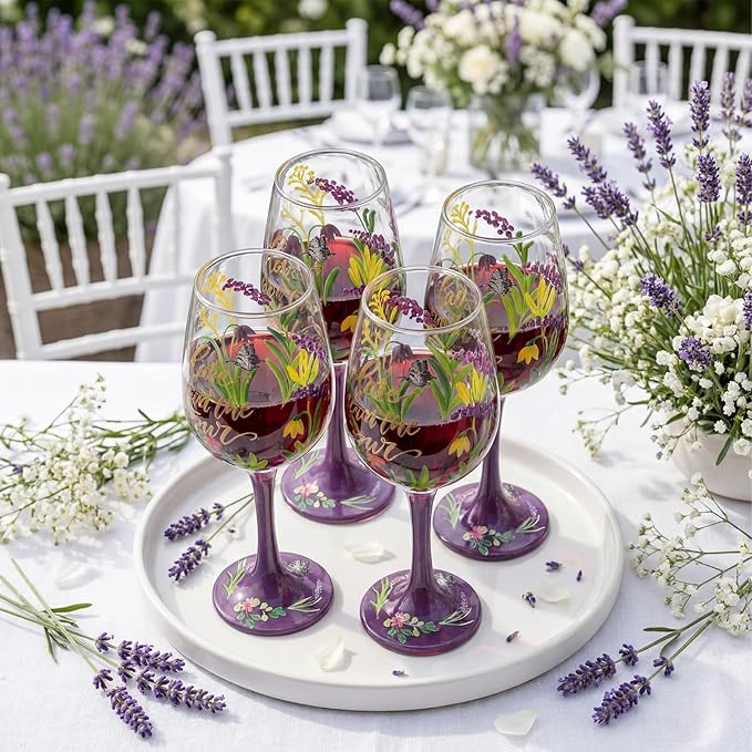 SiliFine 4 Pcs Mother's Day Party Stemmed Wine Glasses Hand Painted Purple Lavender Butterfly Drinking Cup Wine Glasses Gifts for Women Spring Birthday Theme Holiday Party Supplies