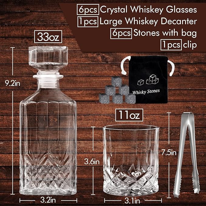 Whiskey Decanter Set for Men, Whiskey Glasses and Decanter with Cooling Stones Clear Glass Whisky Liquor Decanter Set for Whiskey Bourbon Rum Men Fathers'Gift