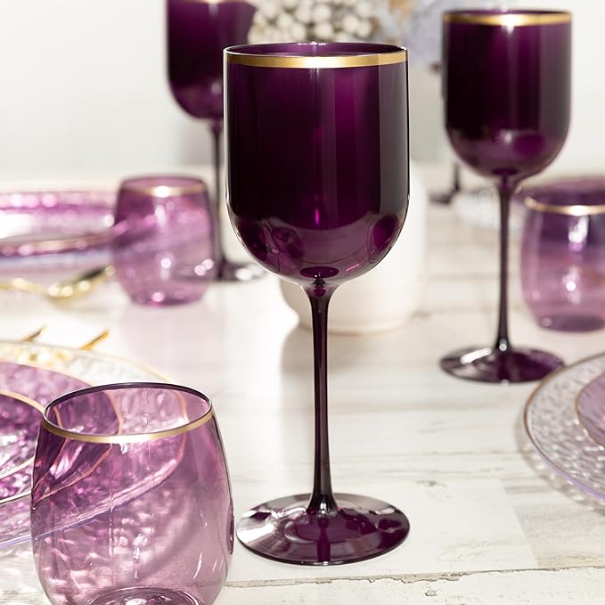 Plastic Wine Glasses Set of 5 Elegant Wine Goblets Hard Plastic Wine Cups on Stem 12 Ounce (Purple with Gold Rim, 10)
