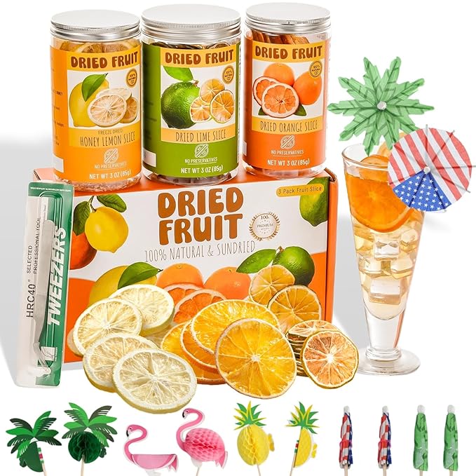 125+ Slices 9oz Dehydrated Fruit Cocktail Garnish Set, Dreid Orange & Lime, Freeze Dried Honey Lemon, 25 Pcs Drink Umbrellas Picks. Decor For Christmas Baking Party Diy