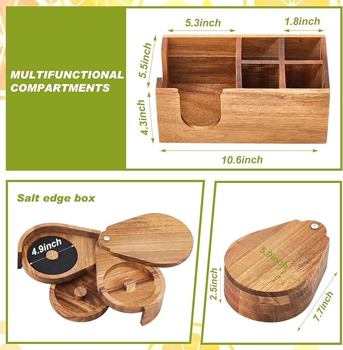 Mifoci Bartending Supplies 6 Compartments Garnish Tray with Lid Bar Caddy 3 Tier Glass Rimmer Stainless Steel Bottle Pourers Juice Pouring Cocktail Tools Wood Serving Accessories