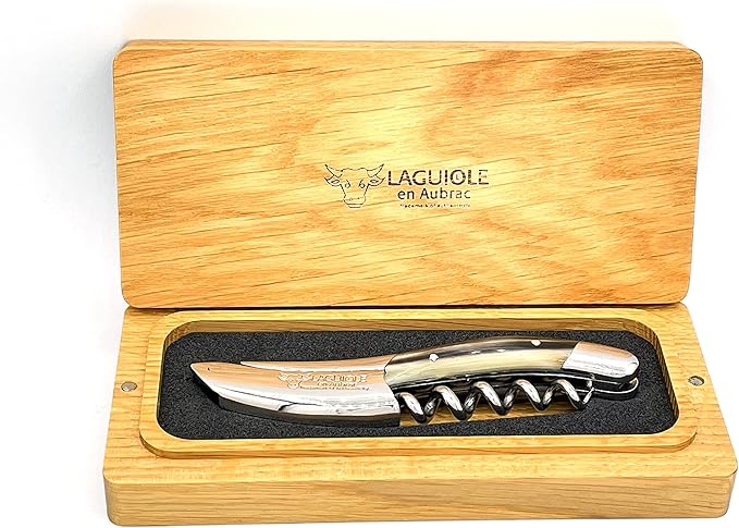 Laguiole En Aubrac Sommelier No 9 DeLuxe Waiter's Corkscrew, Solid Horn Handle, Wine Opener With Foil Cutter & Bottle Opener | Special Crafting Along The Luxury Corkscrew