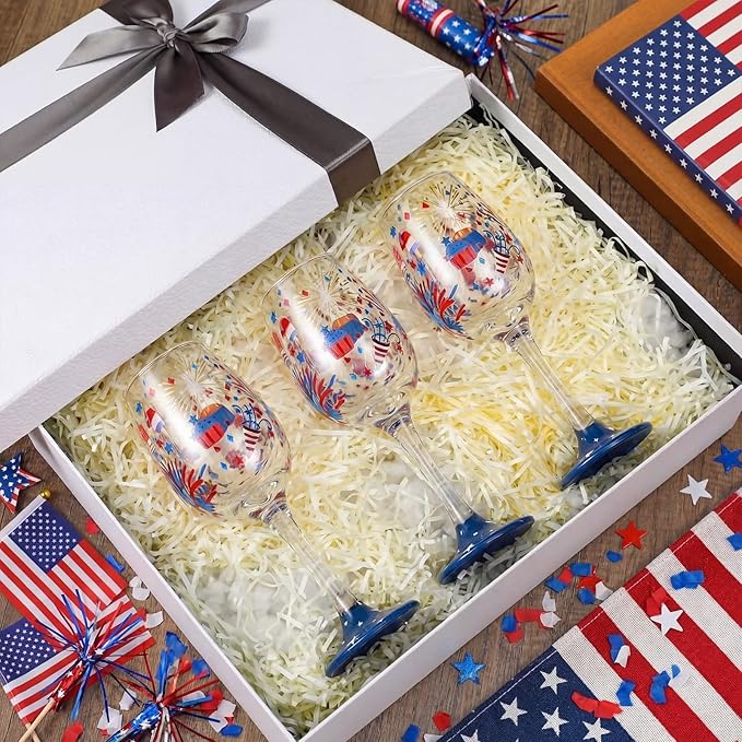 SiliFine 4 Pcs Patriotic 4th of July Stemmed Wine Glasses Hand Painted USA American Fireworks Star Drinking Cup Wine Glasses Gifts for Independence Day Birthday Theme Holiday Party Supplies