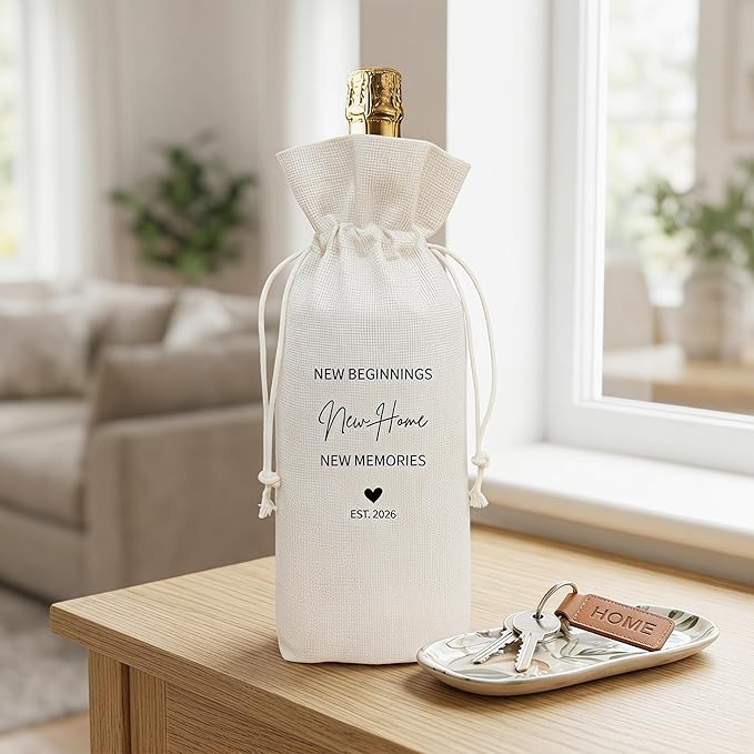 Housewarming Gift Wine Bag, New Home New Beginnings Linen Drawstring Wine Bottle Bag, Reusable Wine Pouch for New Homeowner Closing Gift, 13 x 5.7 Inch - A08