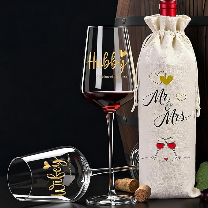 Anniversary Wine Glasses Gifts Set of 2 Gold Print with 'Hubby' and 'Wifey' Bride and Groom Wedding Glass Gift for Couples or Parents