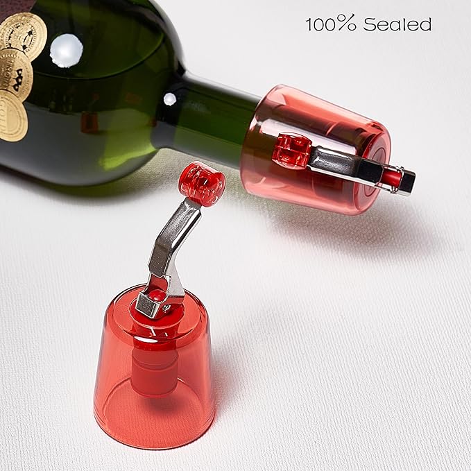Wine Bottle Stoppers 2-Pack, Airtight Reusable Silicone Sealer for Red/White/Rosé Bottles, One-Press Leak-Proof (Red Transparent)