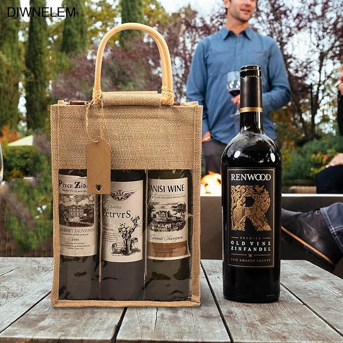 DIWNELEM 2 Pack Burlap Gift Bags with Window - Jute Wine Bags for Wedding, Parties, Birthdays, Christmas & Holidays