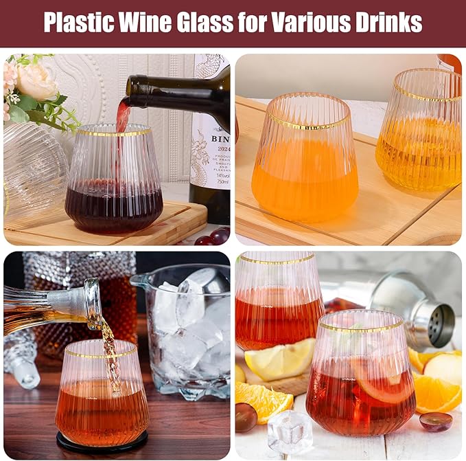 24 Pack Plastic Ribbed Wine Glasses with Gold Rim, 14oz Stemless Disposable Wine Cups, Clear Unbreakable Outdoor Cocktail Glasses, Heavy Duty Reusable Plastic Drinking Cup for Party Wedding Mimosa Bar