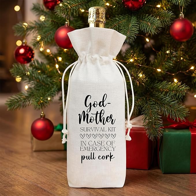 Funny Godmother Survival Kit Wine Bag, Linen Drawstring Wine Bottle Gift Bag, Reusable Wine Pouch for Godmother Proposal Baptism Birthday Mother's Day, 13 x 5.7 Inch - A02