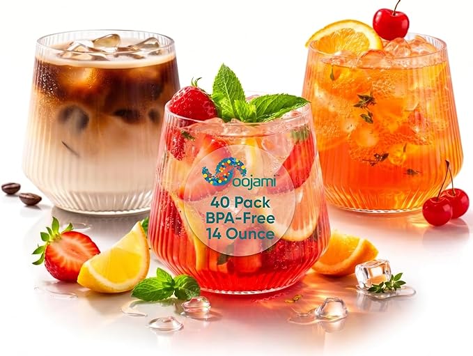 Oojami 40 Pack Disposable Plastic Wine Glasses 14 oz - Ribbed Stemless Unbreakable Shatterproof Reusable Cocktail Whiskey Champagne Wine Cups, BPA-Free Recyclable for Party, Wedding, Events, Clear