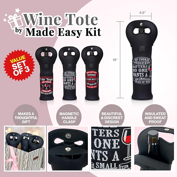 Made Easy Kit Insulated Wine Tote - Neoprene Carrier Bag with Magnetic Handle Clasp - Bottle Protective Travel Bag - Perfect for Gifting or Travel - Set of 3 (Funny Wine Lines Black)