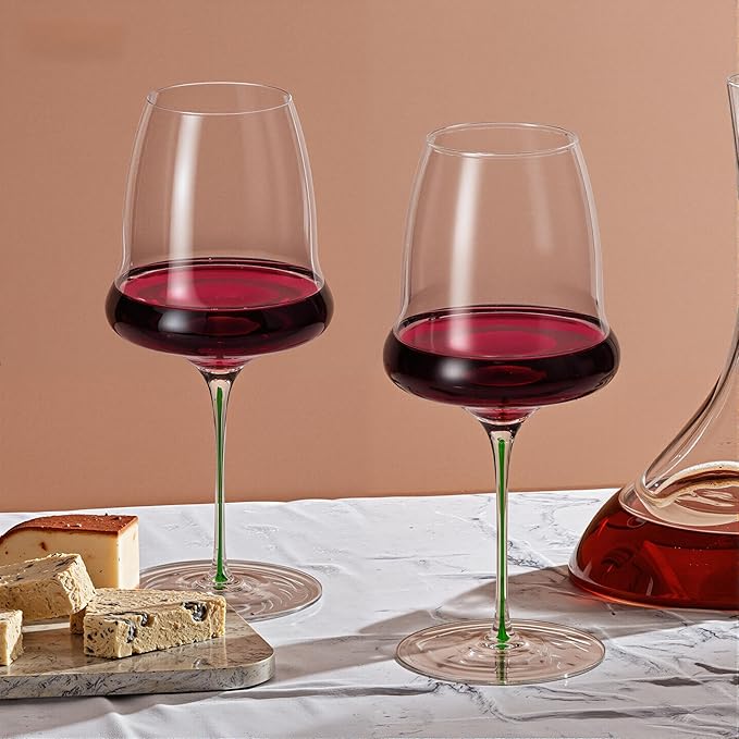 KAMMAK Wine Glasses Set of 2, 24.69 oz Hand Blown Crystal Bordeaux Wine Glasses, Thin Rim & Long Stem, Perfect for Red & White, Daily Use, Wedding or Birthday Gift with Gift Box, Clouds Green