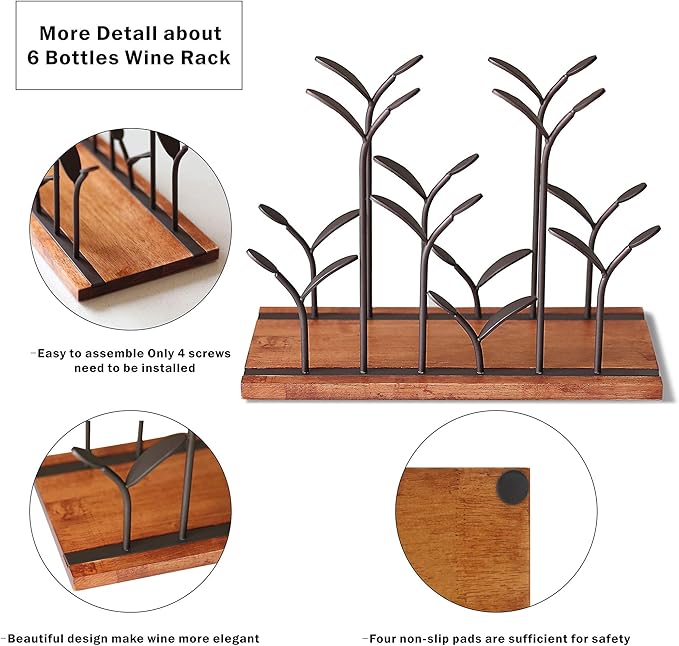 ALLCENER Countertop Bottle Rack, Tabletop Wood Bottle Holder, Hold 6 Bottles, Perfect for Home Decor & Kitchen Storage Rack, Bar, Cellar, Cabinet, Pantry, etc, Wood & Metal (Bronze)