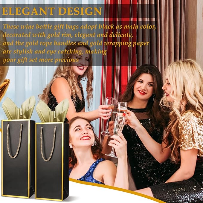 TaoBary 50 Pcs Wine Gift Bags and Gold Wrapping Paper Set Wine Bags for Bottle Bulk 4 x 5 x 13 Inch Champagne Gift Paper Sack with Handles for Christmas Appreciation Wedding Anniversary(Black,50 Pcs)