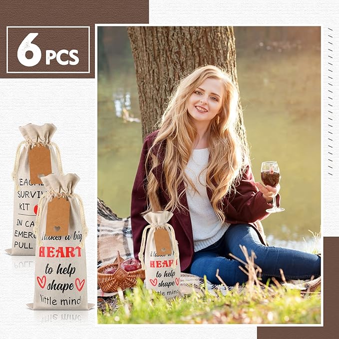 6 Pieces Teacher Appreciation Gift Wine Bags for Women Men, Burlap Wine Bottle Bags with Drawstrings and Tags End of Year Graduation Thank You Gifts for Teacher