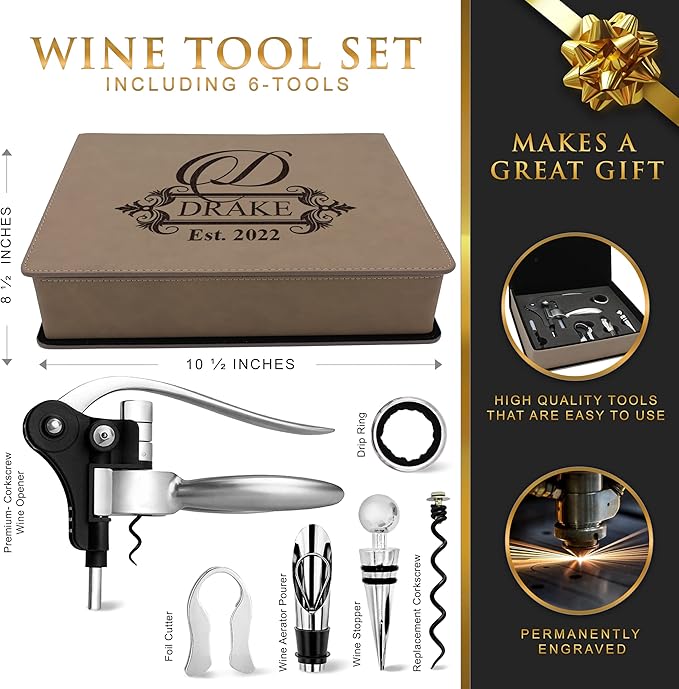 My Personal Memories Custom Engraved 5 Piece Wine Tool Opener Accessories Box Set - Personalized Wine Lovers for Anniversary, Weddings, and More (Tan)