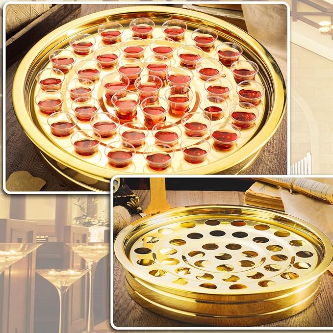 Jingmore Communion Ware 3 Holy Wine Serving Trays with 1 Cover Stainless Steel Communion Supplies Silver Trays for Churches Holy Ware Sets (Gold)
