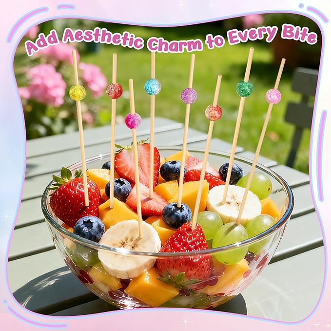 200PCS Cocktail Picks, Colored Pearl Fancy Toothpicks for Appetizers, 4.7 IN Long Decorative Bamboo Skewers, Wooden Garnish Sticks for Food Drinks Fruit Charcuterie Boards Accessories Party Supplies