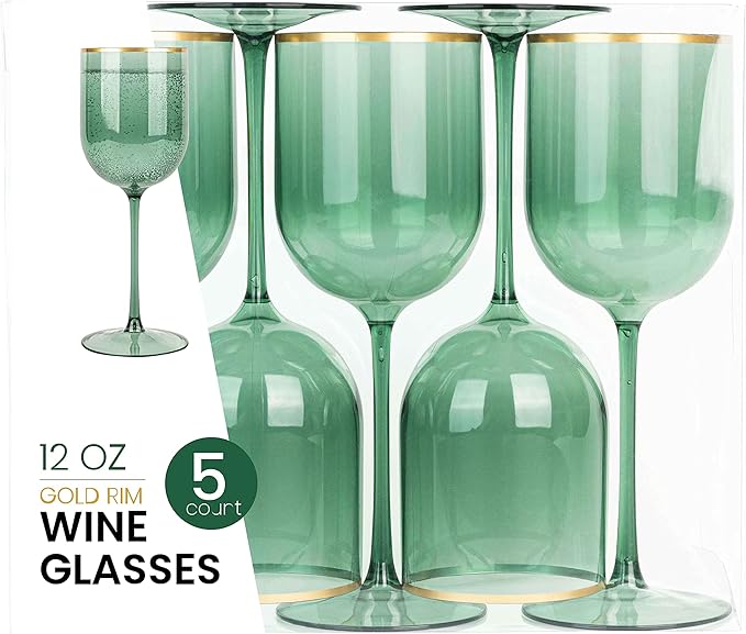 PLASTICPRO Green Wine Cup with Gold rim Plastic Wine Glasses Set of 5 Elegant Wine Goblets Hard Plastic Wine Cups on Stem 12 Ounce