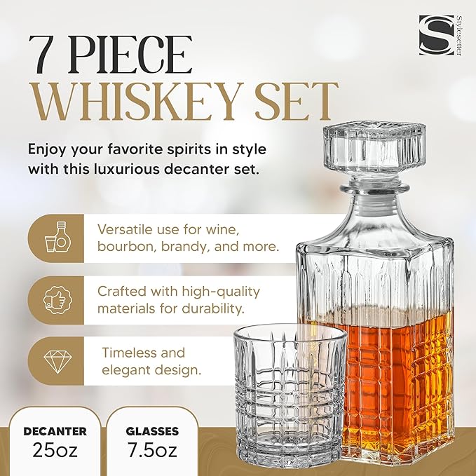 Style Setter Whiskey Decanter Set with Glasses - Prestigious Whiskey Set with 25oz Liquor Decanter and 6 Glasses - Upscale Whisky Decanter & Glass Set - Birthday Gifts Fathers Day