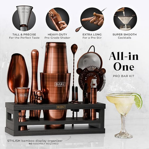 BARE BARREL® Mixology Bartender Kit Bar Set | 16-Piece Cocktail Shaker Set | Martini Barware Mixing Tools for Home Bartending | Incl. 35 Recipe Cards | Gift Set (28oz Boston Shaker, Copper/Black)