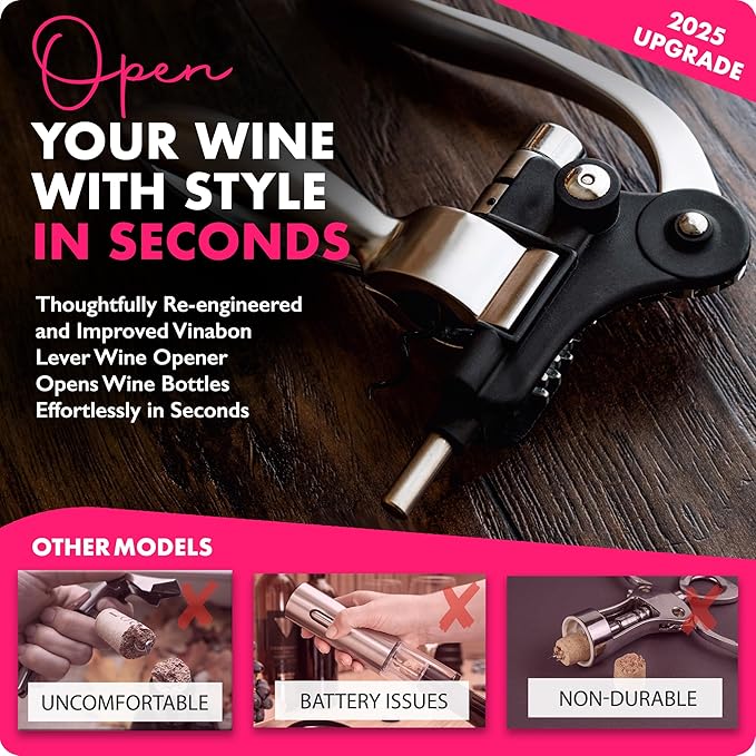 VINABON Wine Opener Set - Updated 2026 All-in-One Wine Bottle Opener Set with Wine Aerator, Foil Cutter, Stopper, Stand - Manual Lever Corkscrews Wine Opener for Wine Bottles with WineGuide eBook