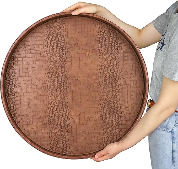 HofferRuffer Large Round Serving Tray 24'', Elegant Faux Leather Circle Ottoman Table Tray, Serve Tea Coffee Breakfast in Bedroom Living Room Kitchen (Antique Brown, 24'')