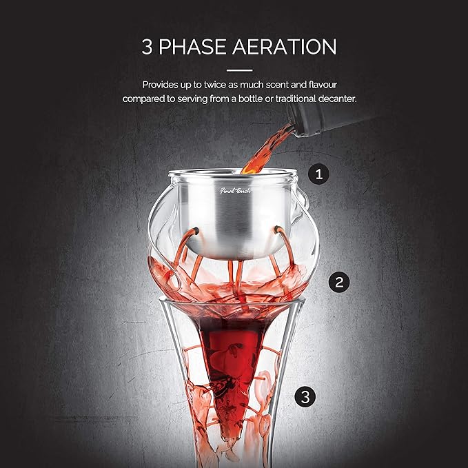 Final Touch Conundrum Stainless Steel Wine Decanter Aerator - Instant Oxygenation, 3 Phase Aeration System, Sediment Filter, Fits Angled & Straight Decanters (WDA595)