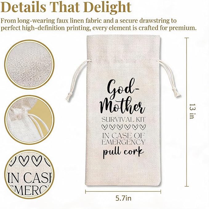 Funny Godmother Survival Kit Wine Bag, Linen Drawstring Wine Bottle Gift Bag, Reusable Wine Pouch for Godmother Proposal Baptism Birthday Mother's Day, 13 x 5.7 Inch - A02