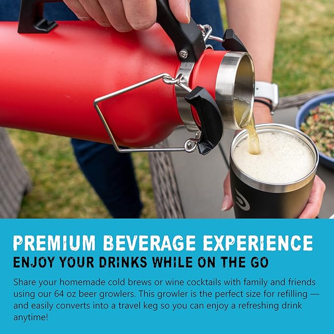 DrinkTanks Craft Growler – 64 oz Vacuum Insulated Stainless Steel Beer Growler with Handle, Leakproof Thermal Beverage Tumbler for Beer, Wine, Coffee, Soda, Kombucha – Reusable & BPA-Free – Crimson